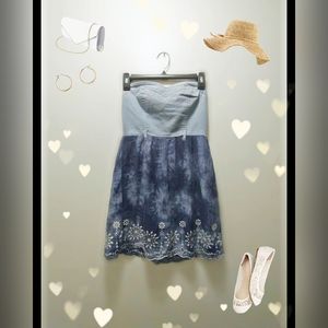 Strapless Tie Dye and Floral Denim Dress